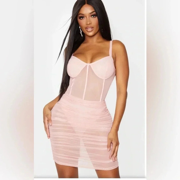 Pretty Little Thing | NEW Dusty pink Binding Bodycon dress Sheer Sexy size 8 US - Picture 1 of 10